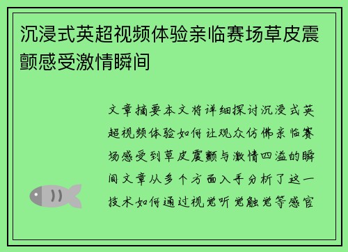 沉浸式英超视频体验亲临赛场草皮震颤感受激情瞬间