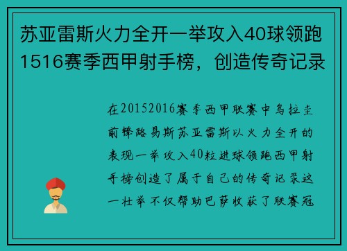 苏亚雷斯火力全开一举攻入40球领跑1516赛季西甲射手榜，创造传奇记录