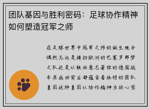 团队基因与胜利密码：足球协作精神如何塑造冠军之师