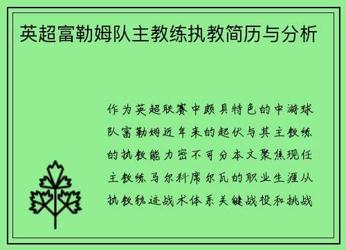 英超富勒姆队主教练执教简历与分析